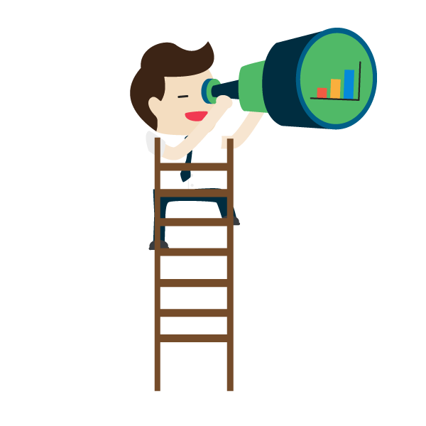 Cartoon man on ladder looking around with telescope